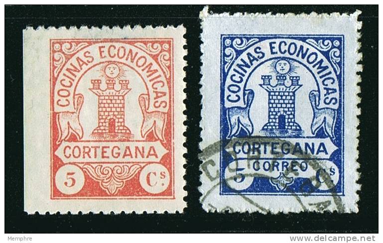 CORTEGANA  Rojo 5 Cts (*), Azul 5 Cts * - Spanish Civil War Labels