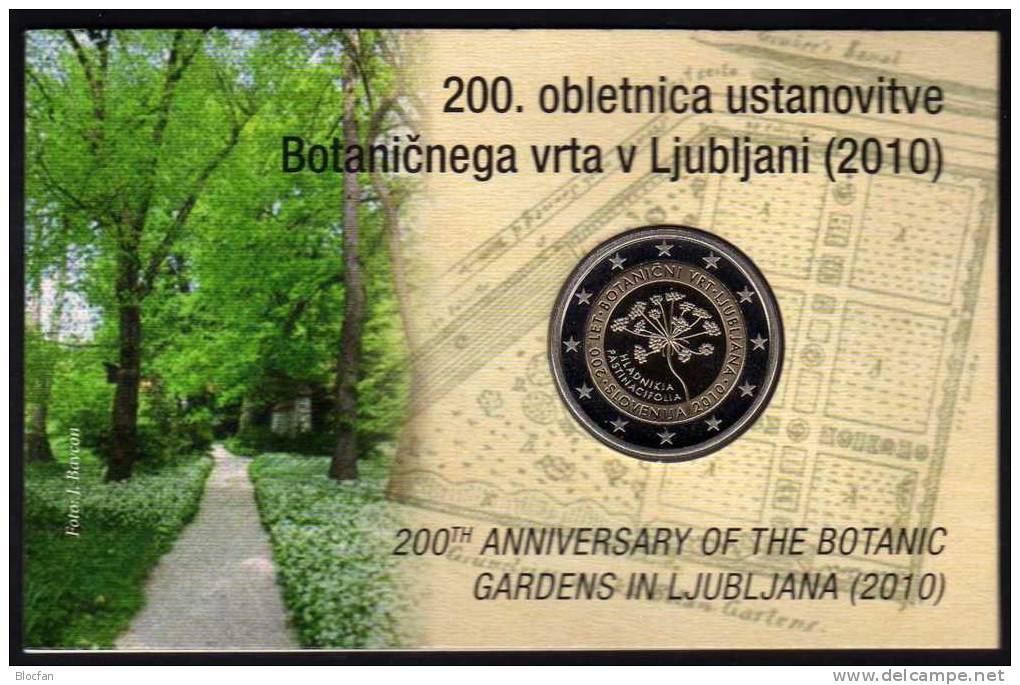 2 EURO-Blister Slowenien 2010 PP 50€ Sonder-Edition Botanischer Garten Ljubljana Im Spiegelglanz Coin Card Of Slovenija - Slovenia