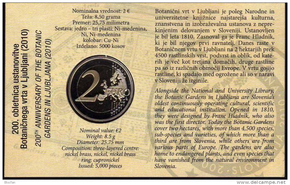 2 EURO-Blister Slowenien 2010 PP 50€ Sonder-Edition Botanischer Garten Ljubljana Im Spiegelglanz Coin Card Of Slovenija - Slowenien