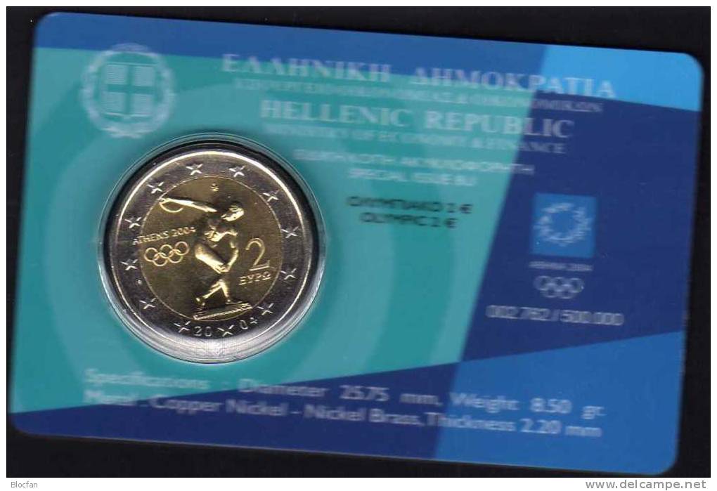 2 EURO-Blister Griechenland 2004 Stg 35€ Edition Sommer-Olympiade Athen Diskus Stempelglanz Olympic Coin Card Of Greece - Grèce