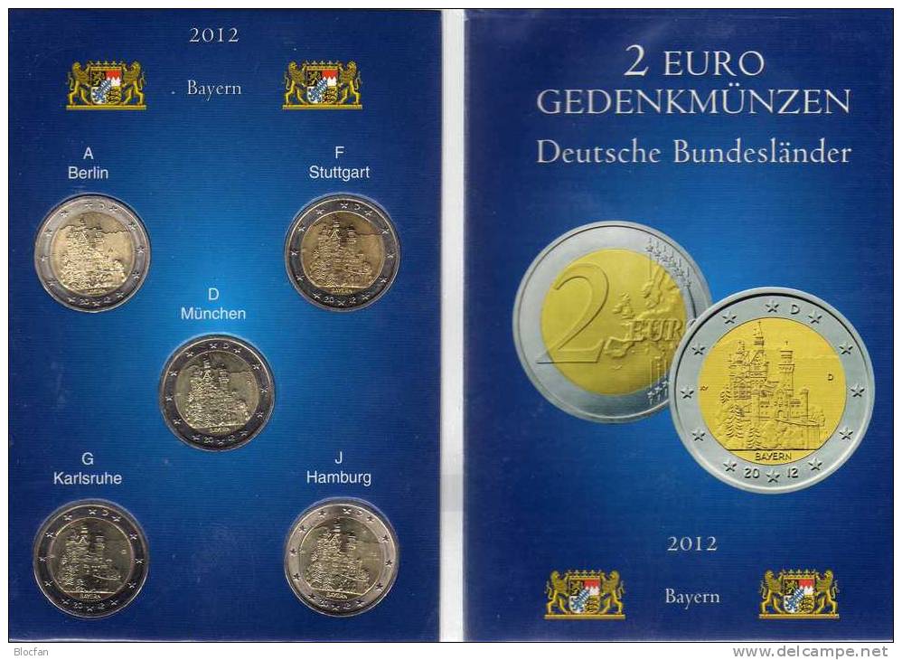 2 EURO Deutschland 2012 Stg 33€ Edition Schloß Neuschwanenstein Bayern Im Stempelglanz 5 Münzen Set Coin Card Of Germany - Verzamelingen