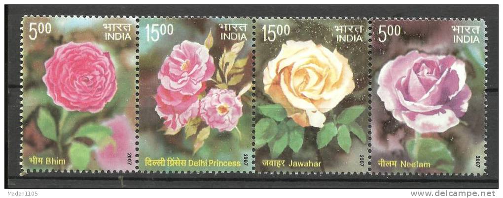 INDIA, 2007, Fragrances Of Roses, Scented Setenant Set 4 V, MNH, (**) - Ungebraucht