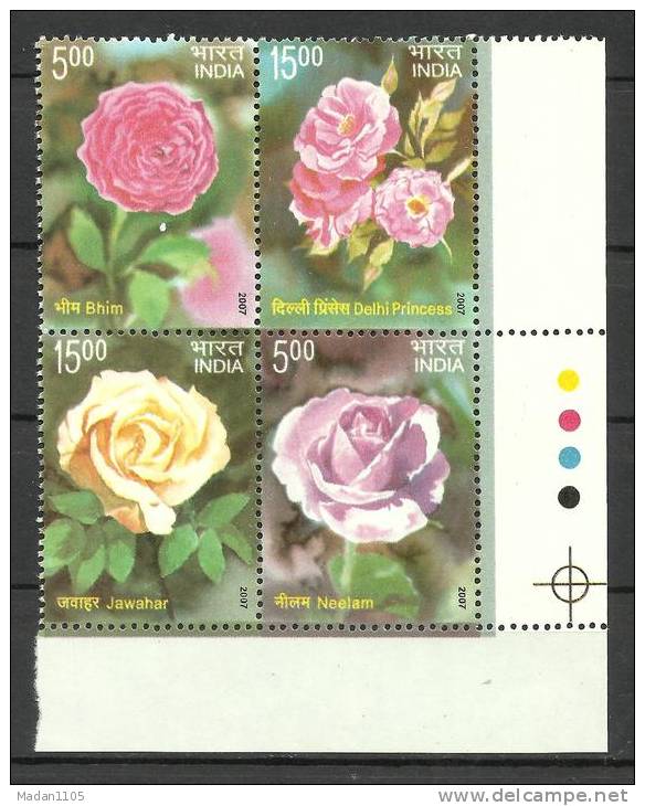 INDIA, 2007, Fragrance Of Roses, Scented Set 4 V, Block Of 4, With Traffic Lights Bottom Right, MNH, (**) - Unused Stamps