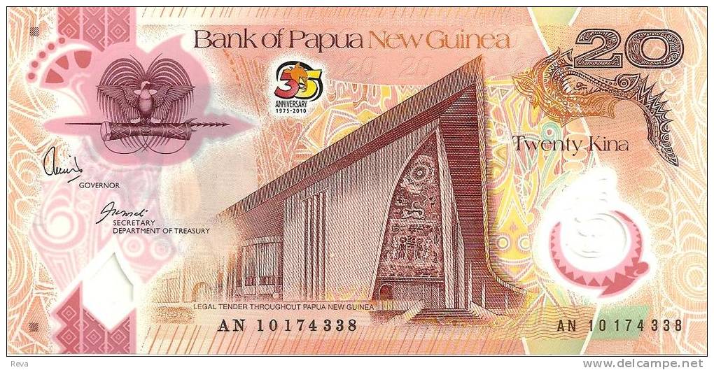 PAPUA NEW GUINEA 20 KINA BIRD 35 YEARS INDEPENDENCE FRONT & ANIMAL SHELL BACK DATED 2010 POLYMER UNC READ DESCRIPTION !! - Papua New Guinea