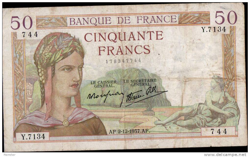 TTB BILLET DE CINQUANTE FRANCS CERES DATE DU 2.12.1937 - 50 F 1934-1940 ''Cérès''