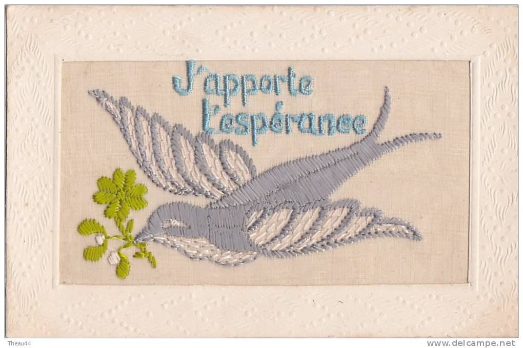 ¤¤   -   Carte Fantaisie Brodée  -  J'Apporte L'Espérence  -  Oiseau    -  ¤¤ - Brodées