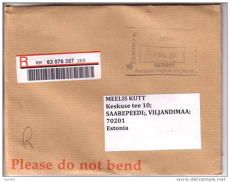 GOOD SPAIN " REGISTERED " Postal Cover To ESTONIA 2012 - Postage Paid - Brieven En Documenten