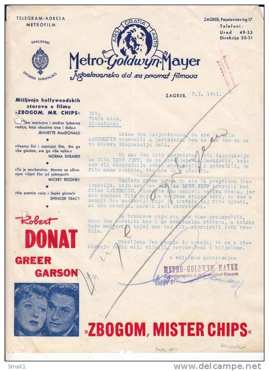 FILM LETTER ON THE MEMORANDUM METRO GOLDWYN MAYER 1941. ONE PAGE - Other & Unclassified