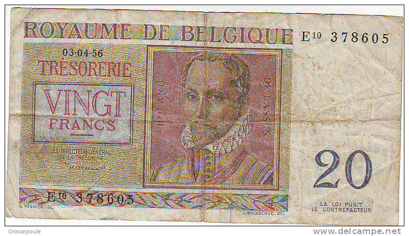 BELGIQUE - 20 FRANCS DU 03.04.56 - ETAT 7/10 - BEAU BILLET - Other & Unclassified