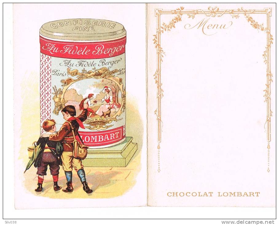 MENU CARTE POSTALE CHOCOLAT LOMBARD -FORMAT 17.8X14- ANIMATION ENFANTS  DEVANT UNE GRANDE BOITE DE BONBONS - Menus