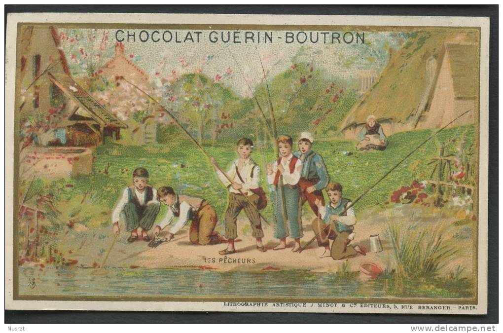 Chocolat Guérin Boutron, Jolie Chromo Lith. Minot, Enfants, Les Pêcheurs - Guérin-Boutron