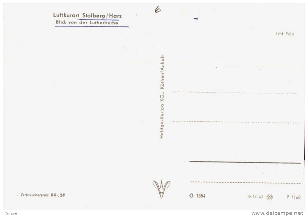 AK Stolberg/Harz, Blick Von Der Lutherbuche, Ung, 1960 - Stolberg (Harz)