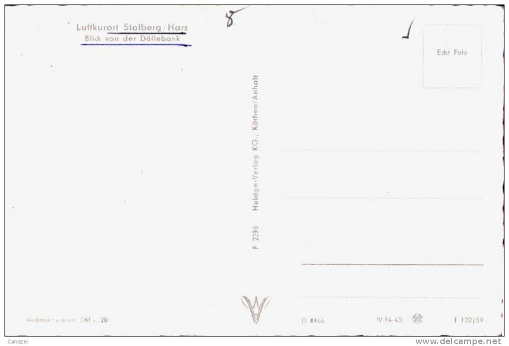 AK Stolberg/Harz, Blick Von Der Döllebank, Ung, 1959 - Stolberg (Harz)