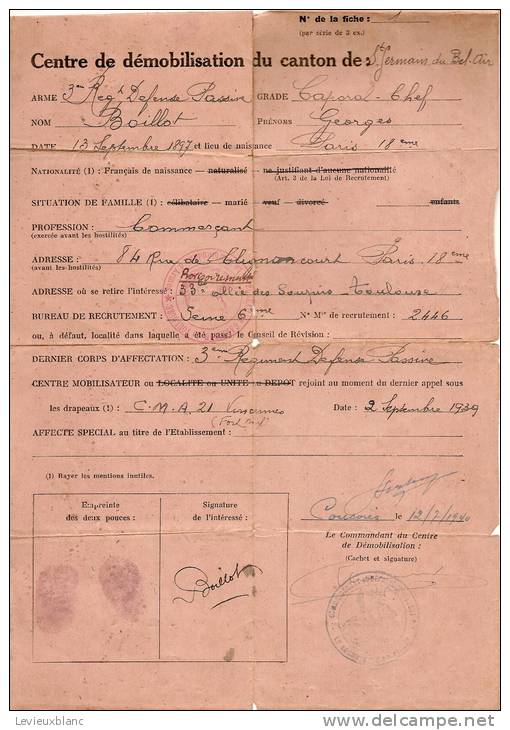 Occupation 39-45/Fiche De Démobilisation/Toulouse/1940       OL24 - Documents Historiques