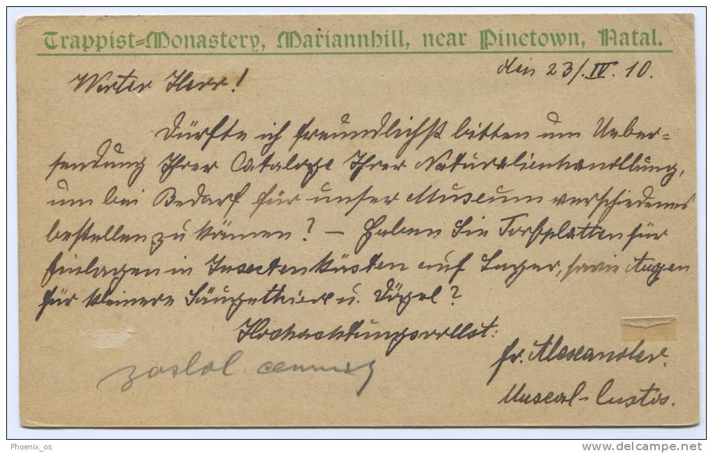 Great Britain, NATAL - MARIANNHILL, Pinetown, Trappist Monastery, 1910. Postal Stationery - Natal (1857-1909)