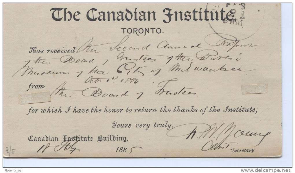 Canada - TORONTO, The Canadian Institute, 1885. Postal Stationery - 1860-1899 Règne De Victoria
