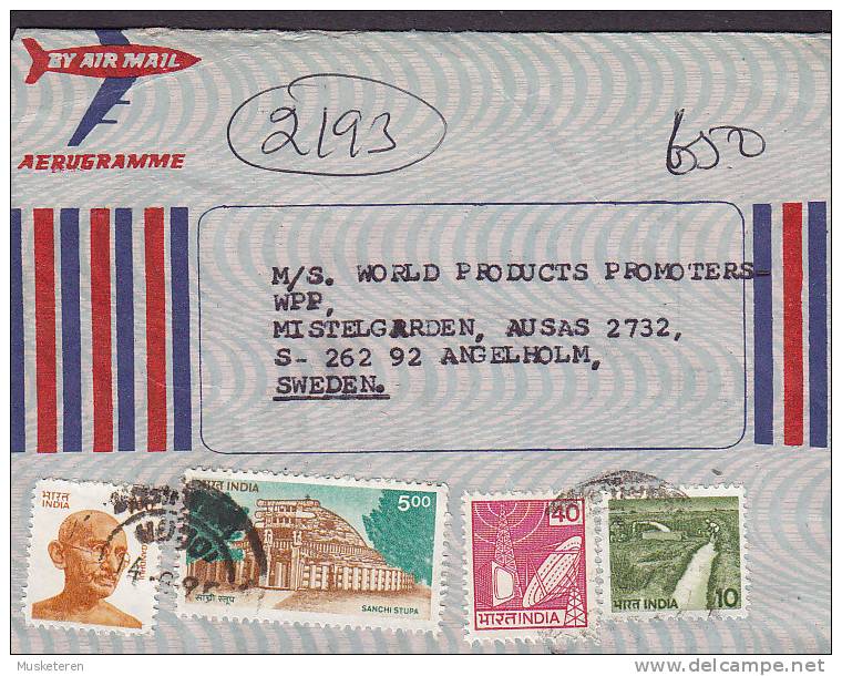 India Airmail Aerogramme MERRIMPEX PRIVATE Ltd. Private Print 1995 To ÄNGELHOLM Sweden Ghandi Stamp (2 Scans) - Poste Aérienne