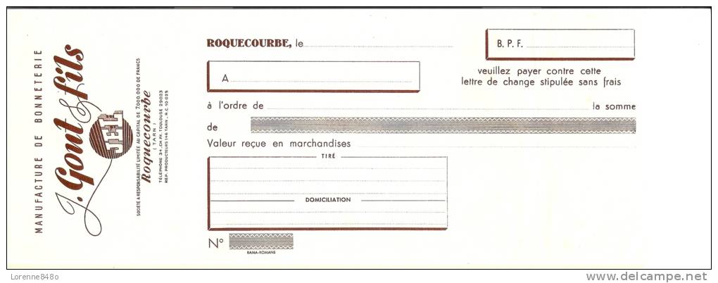 -81- LETTRE DE CHANGE....Manufacture De Bonneterie J. GOUT Et FILS  JEL...à ROQUECOURBE Dans Le Tarn... - Bills Of Exchange