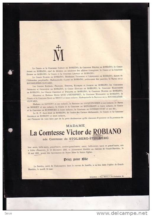 MARCHIN Victor De ROBIANO L'épouse Née De STOLBERG-STOLBERG 1826-1901 Née à Söder HANOVRE Faire-part Mortuaire - Décès