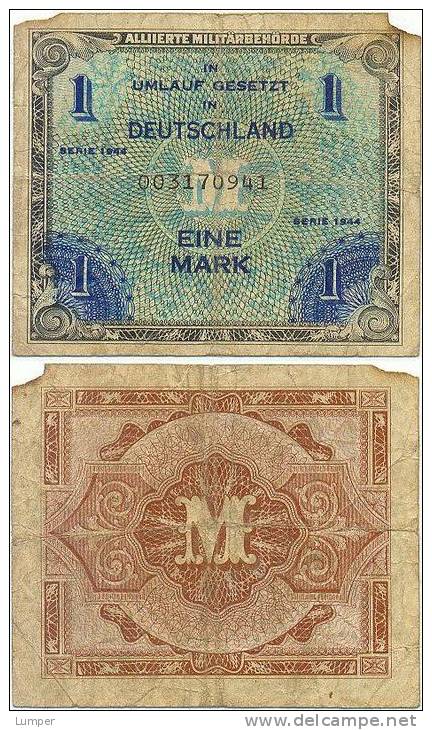 Alliierte Militärbehörde, 1 Mark 1944, US Druck, Mit Stecherzeichen F, Kontrollnummer 9 Stellig - 1 Mark