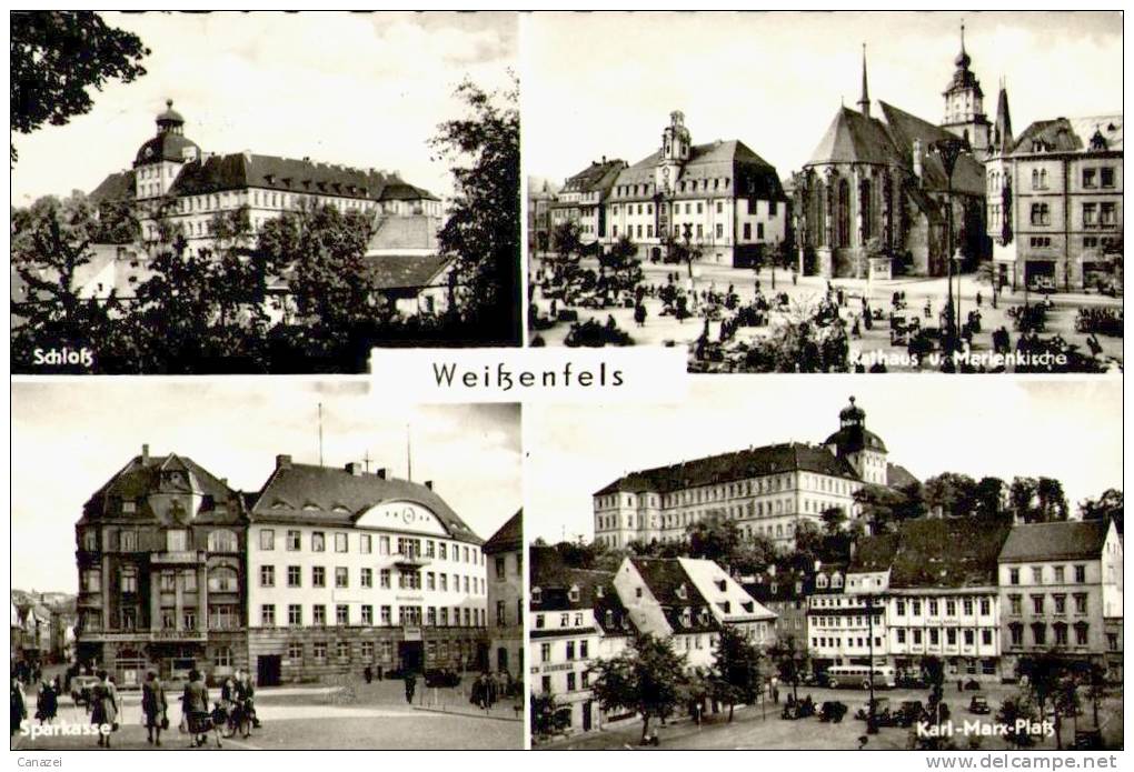 AK Weißenfels: Schloß, Sparkasse, Karl-Marx-Platz,Rathaus,Marienkirche, Gel 1961 - Weissenfels