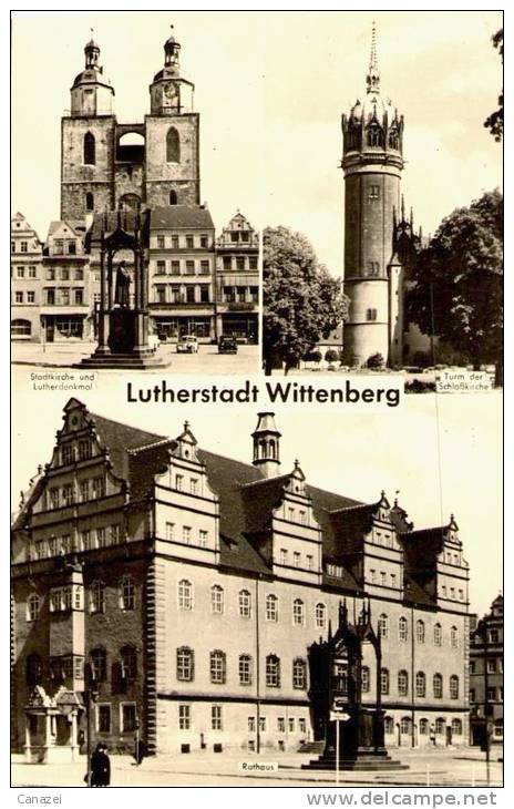 AK Wittenberg, Stadtkirche, Rathaus, Lutherdenkmal, Schloßkirche, Gel, 1961 - Wittenberg