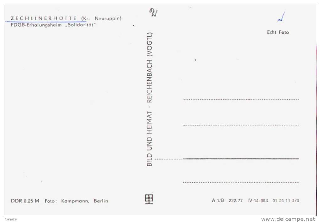 AK Zechlinerhütte/Kr. Neuruppin, FDGB-Heim Solidarität, Ung, 1977 - Neuruppin