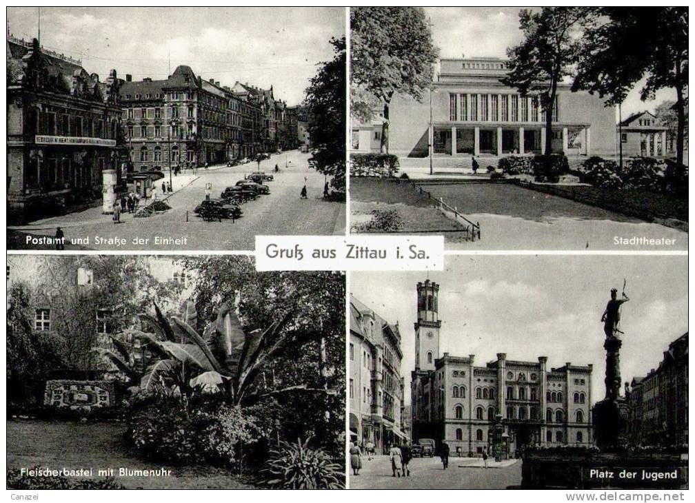 AK Zittau: Postamt, Straße Der Einheit, Stadttheater, Platz Der Jugend, Gel,1960 - Zittau