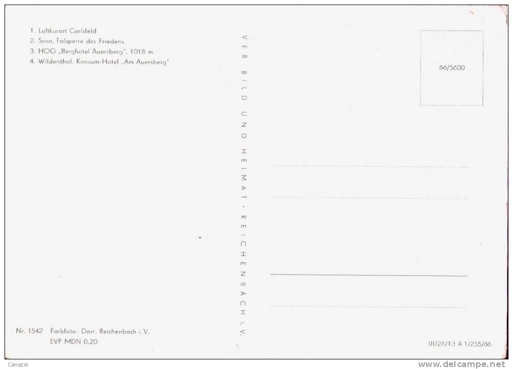 AK Auersberg + Umgebung, Carlsfeld, Sosa, Berghotel,Hotel In Wildenthal,ung,1966 - Sosa
