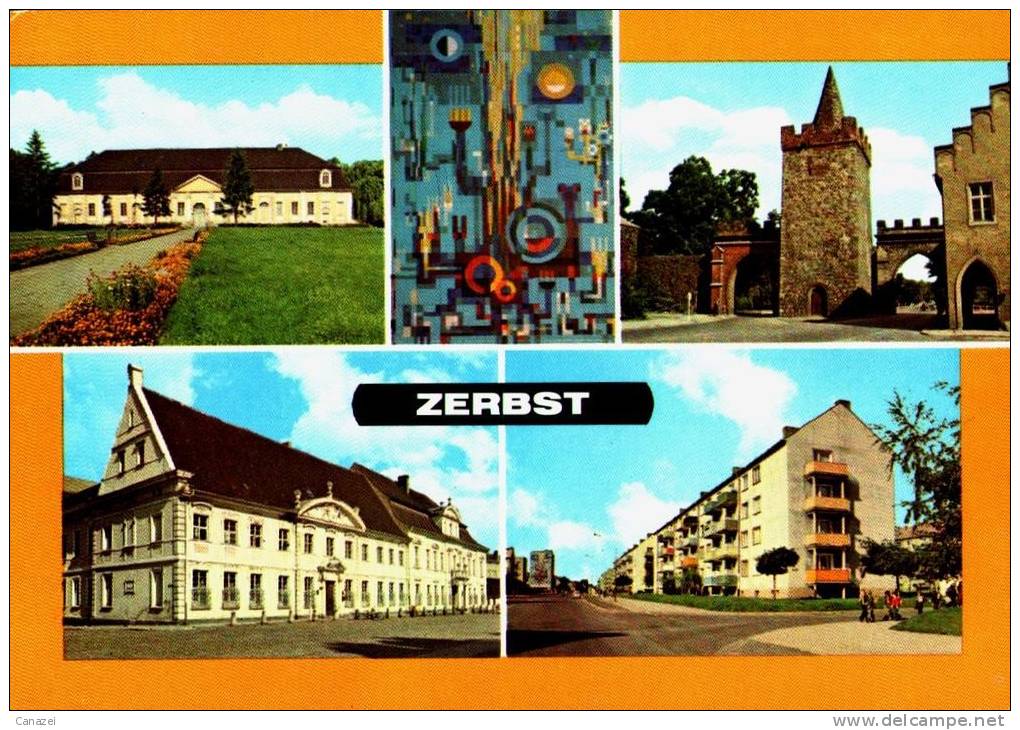 AK Zerbst, Stadthalle, Heidetor, Karl-Marx-Oberschule, Ung, 1981 - Zerbst