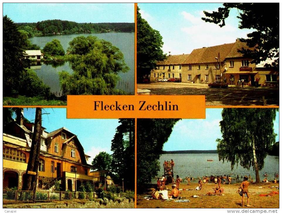 AK Flecken Zechlin, Schwarzer See, Markt, FDGB-Heim Elsenhöhe, Gel, 1984 - Zechlin