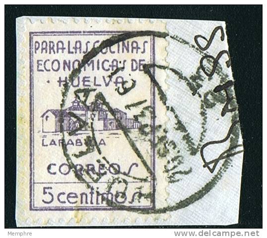 HUELVA  Para Las Cocinas Economicas De Huelva 5 Cts Lila En Fragmento - Spanish Civil War Labels