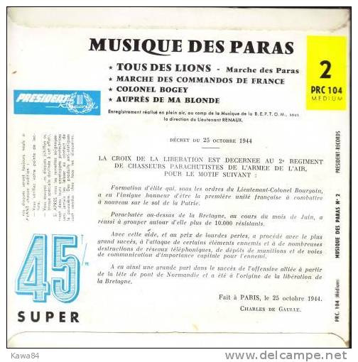 EP 45 RPM (7")  Musique Des Paras  "  Tous Des Lions  " - Instrumental