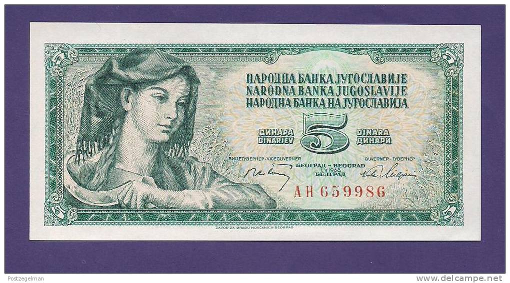 YUGOSLAVIA 1968,  Banknote , UNC, 5 Dinara,  Km 81a - Joegoslavië