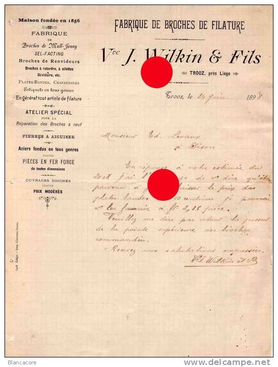 TROOZ 1898  FABRIQUE DE BROCHES DE FILATURE Vve WILKIN & Fils - 1800 – 1899