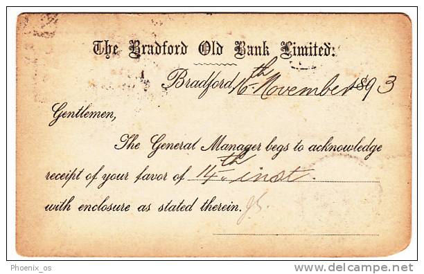 GREAT BRITAIN - ENGLAND - The Bradford Old Bank Limited - Post Card, Year 1893, Hamburg Seal - Unclassified