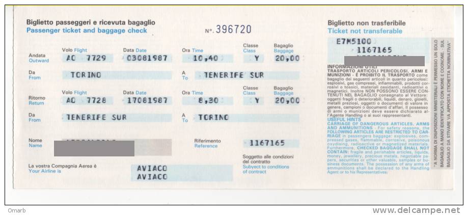 Alt170 Billets Avion, Air Ticket, Biglietto Aereo, Passenger, Baggage, Torino, Tenerife, AVIACO AIRLINE, Compagnia, 1987 - Europe