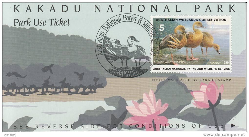 Australia Used 1989 $5 Plumed Whistling Duck Wetlands Conservation Stamp On Kakadu National Park Ticket - Cinderelas