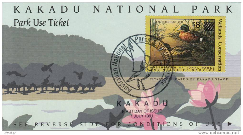 Australia Used 1990 $8 Chestnut Teal Wetlands Conservation Stamp On Kakadu National Park Ticket - Cinderella