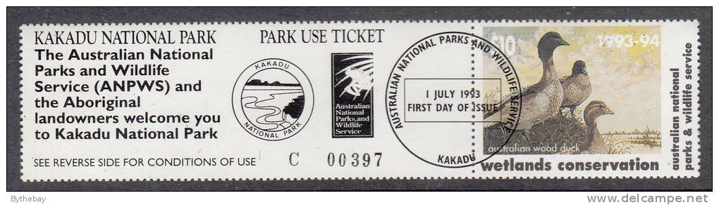 Australia Used 1993 $10 Australian Wood Duck Wetlands Conservation Stamp On Kakadu National Park Ticket - Werbemarken, Vignetten