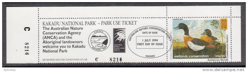 Australia Used 1994 $10 Mountain Duck Wetlands Conservation Stamp On Kakadu National Park Ticket - Cinderella