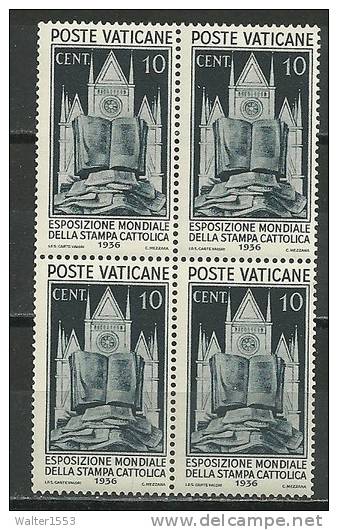 Vaticano Vatikan 1936 STAMPA CATTOLICA CATHOLIC PRESS 10 CENT. IN QUARTINA MNH ** LUSSO - Neufs