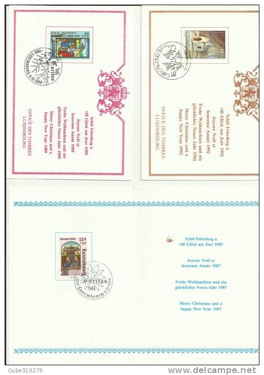 LUXEMBOURG 1987-1989- 1992 --CHRISTMAS -CARITAS-SET OF3 POST OFFICE GREETING CARDS  BOOKMARKED STAMPS CARITAS EACH WITH - Commemoration Cards