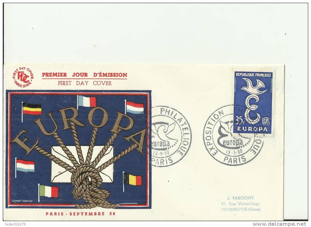 EUROPA CEPT 1958 - FRANCE FDC  EUROPA PHILATELIC EXHIBITION PARIS W 1 ST OF 35 FR  SEP 13 FREU 3113 ADDR. TO COURBEVOIE - 1958