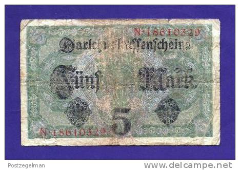 GERMANY 1917, Banknote,  USED VG. 5 Mark Km56 - 5 Mark