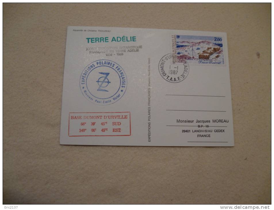 EL- AQUARELLE DE C.TOUZEAU..MISSIONS AUX T.A.A.F..CACHET 01-01-1987 DUMONT D'URVILLE. - TAAF : Franse Zuidpoolgewesten