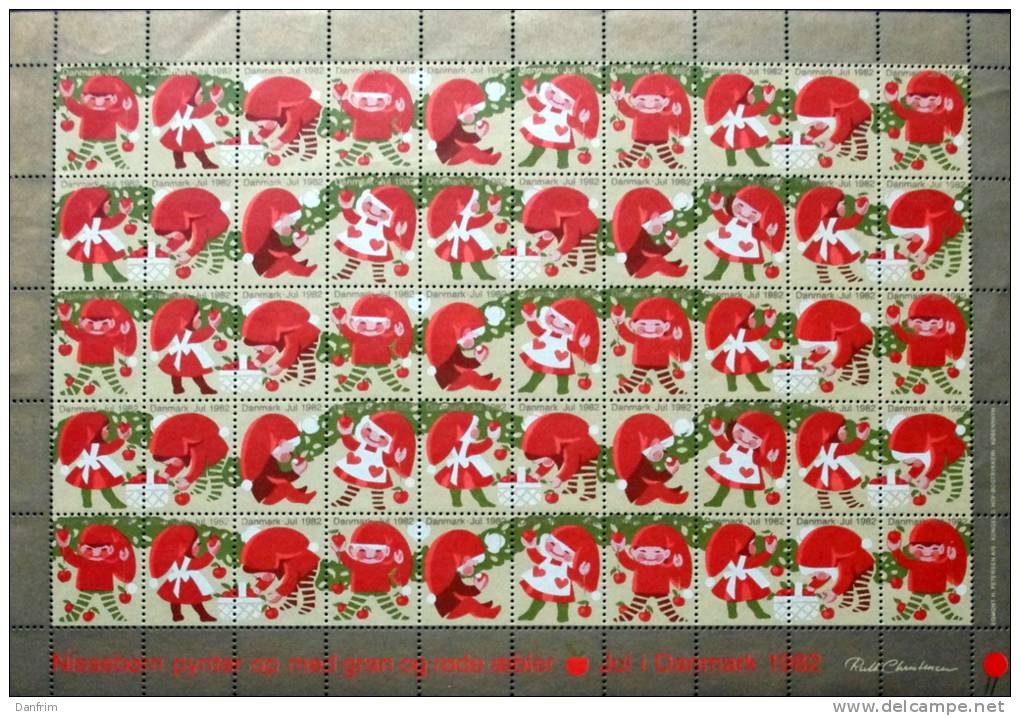 Denmark Christmas Seal 1982 MNH Full Sheet Unfolded   Pixie Children Decorate The Christmas Tree - Feuilles Complètes Et Multiples