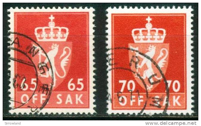 Norwegen  1962-69  Dienstmarken - Staatswappen  (2 Gest. (used))  Mi: 90, 92 (0,40 EUR) - Oficiales