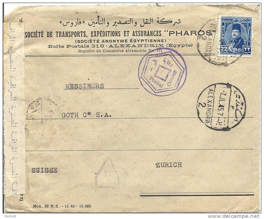 1945 Zensurbrief Von Alexandria Nach Zürich - Brieven En Documenten