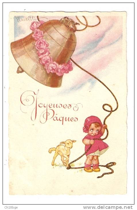 CPA : Joyeuses Pâques : Fillette Tirant Une Cloche Fleurie . Un Mouton Près D'enne Signé Masselli ( ? ) - Pâques